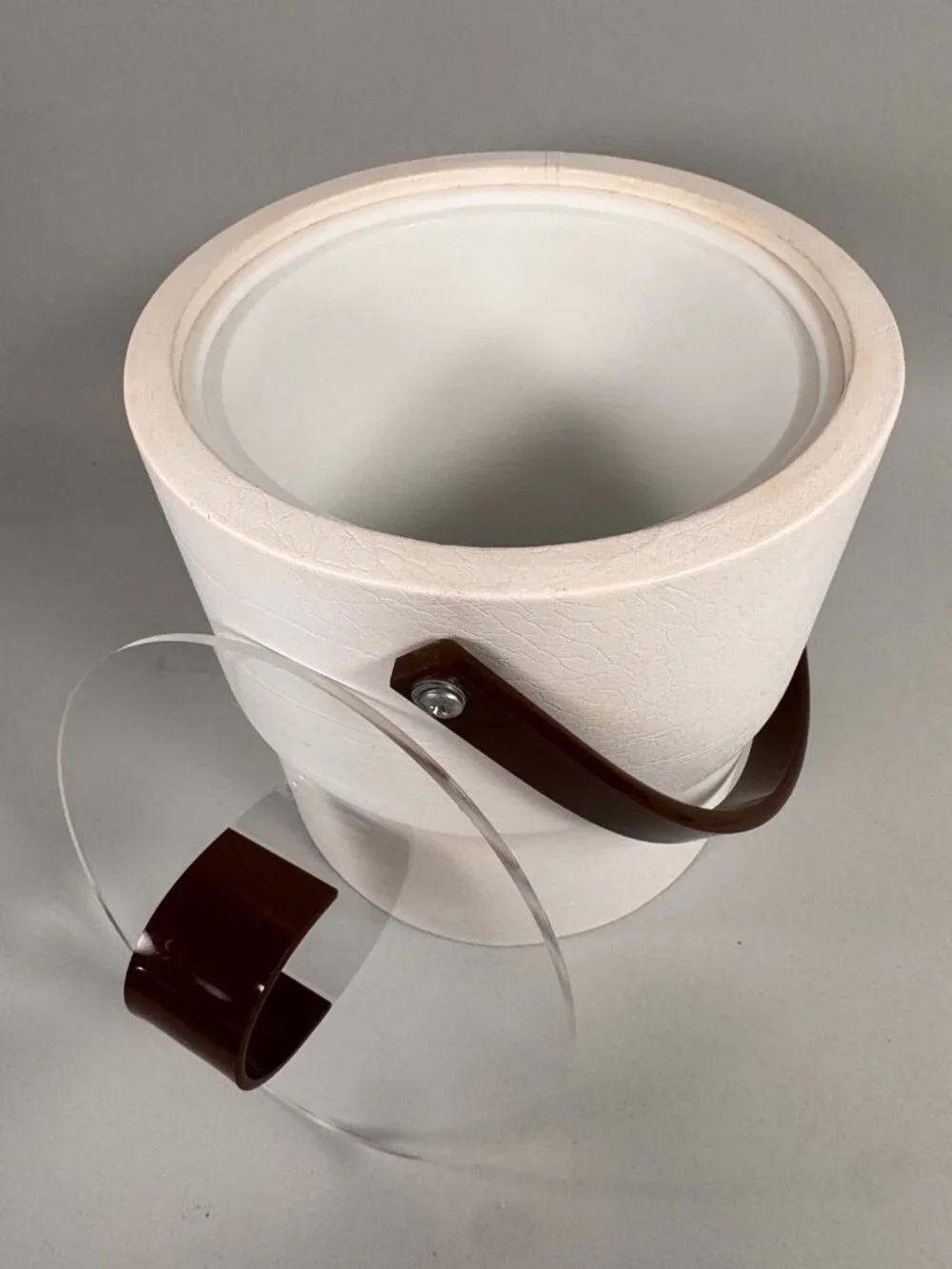 FAB VTG Bucket Brigade Ice Bucket – White Faux Leather & Lucite MCM Barware